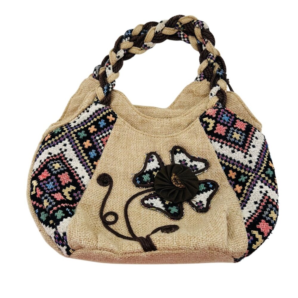 Bohemian Floral Embroidered Jute Handbag With Braided‎ Handle